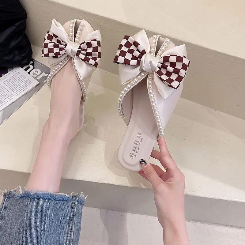 Fashion Closed Toe Half Slippers for Women Summer Wear New Bow Pearl Flat Soft Bottom Peep-Toe Slippers Shoes for Women Zapatos De Mujer