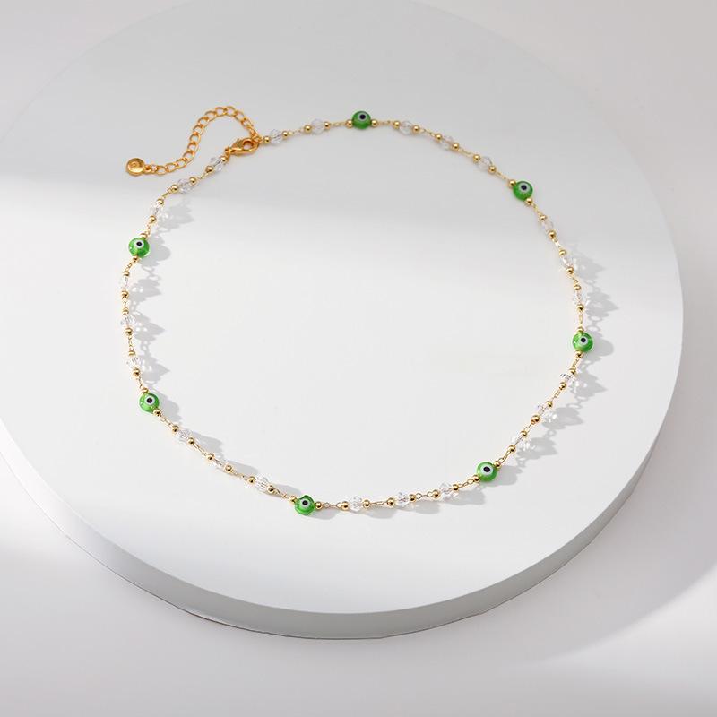 K Gold Plated Green Evil Eye Bead Chain Necklace For Women зелёный