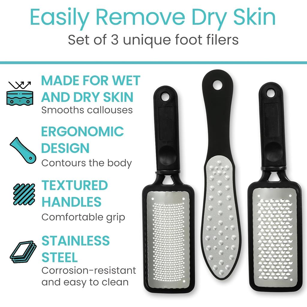 3pcs Foot Files, Feet Scraper for Dead Skin, Heel Grater, Callus Remover Scrubber Tool, Rasp for Cracked Heels - Stainless Steel Pedicure Filer For