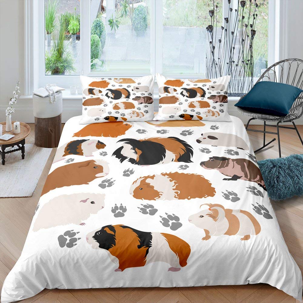 Guinea Pig King Queen Bedding Set Lovely Cartoon Mouse Duvet Cover Flower Plant Animal Comforter Cover Polyester Quilt Cover