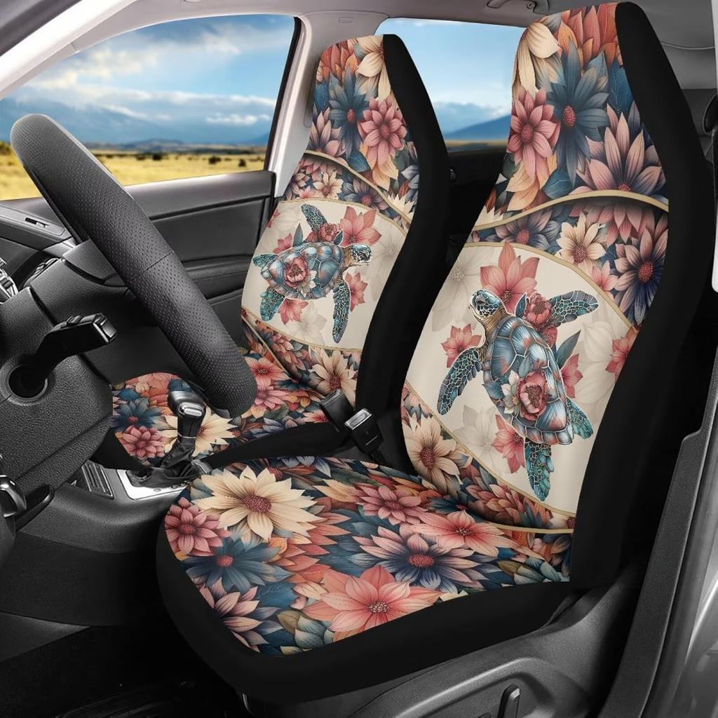 Bulopur Black Boho Floral Car Seat Covers Front Seats Only for Women Men Seat Covers w/Organizer Pocket for Cars SUV Truck Sedan