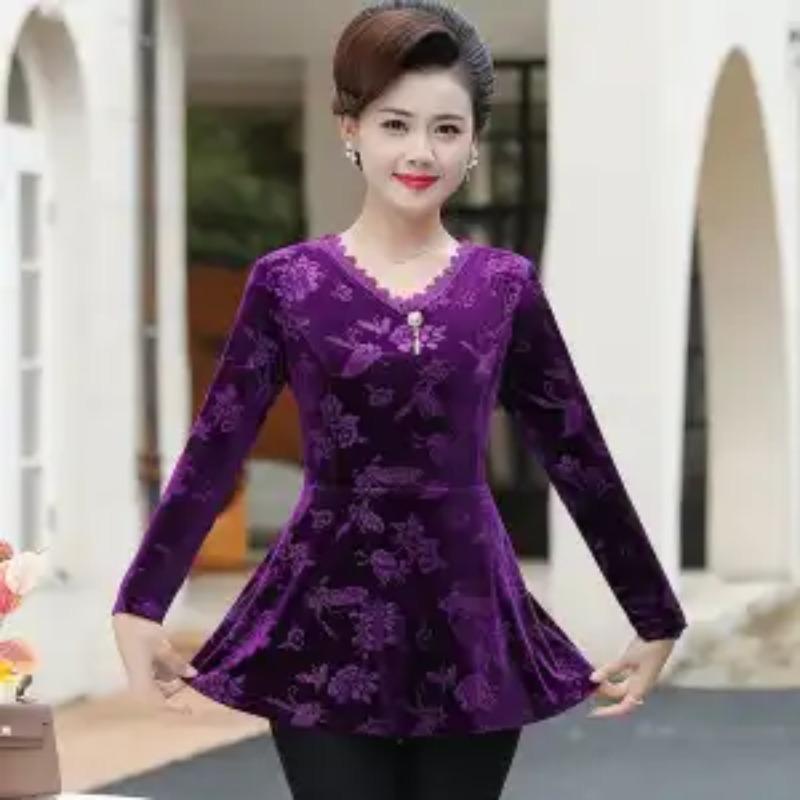 Lace Spliced Long-sleeved Pullover V-neck Fashion Casual Printed Long-sleeved Top