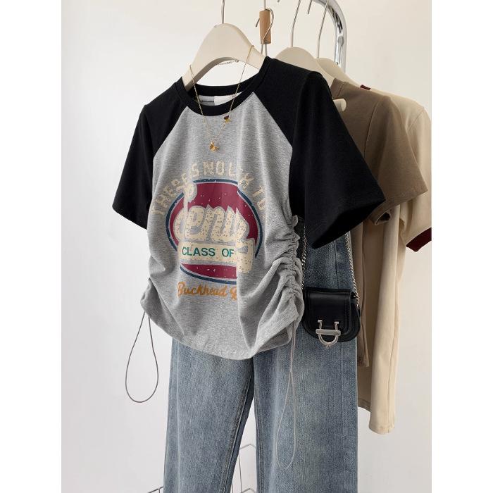 

Large size fat mm short hem drawstring shoulder sleeve front shoulder short sleeve t-shirt design sense American pure cotton t-shirt top M серый