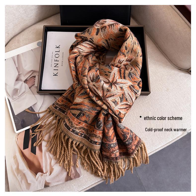 Women's Ethnic Style Double-Sided Jacquard Scarf, 2025 Autumn/Winter Collection: Thick, Warm, Soft Imitation Cashmere Long Snood Shawl.