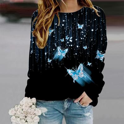 Oberteile für Damen, 3D-Funkelnder Schmetterlingsdruck, Rundhalsausschnitt, Langarm-T-Shirt, Herbst, lässiger, schlanker Pullover, Langarm-Oberteil für Damen