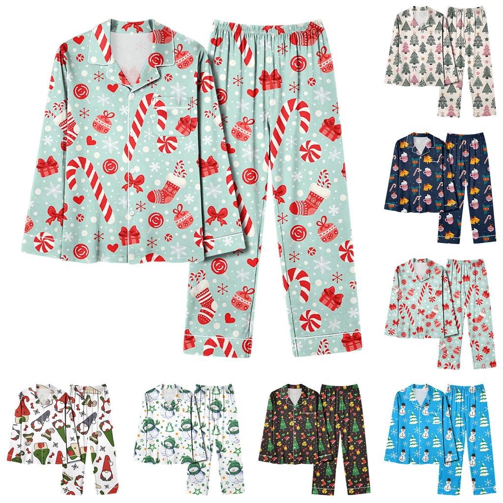 Damen Casual Mode Weihnachts-Print Langarm Oberteil und Hose Homewear Set