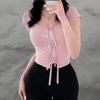 New Arrivals Open Run Women Ribbon Layered Slim Crop T shirT