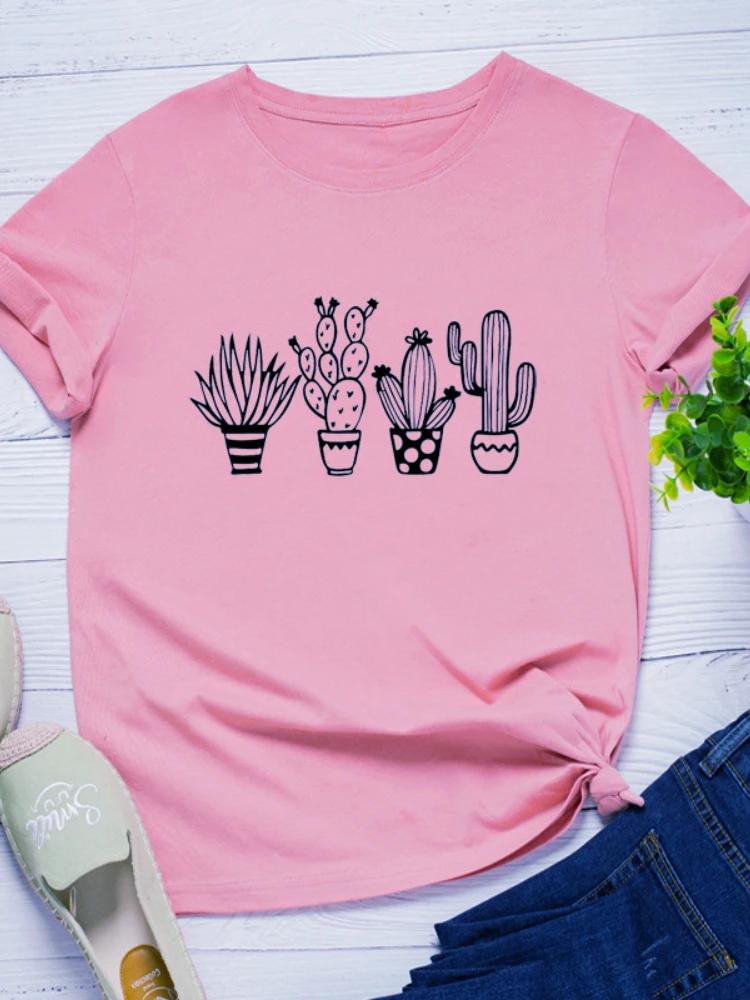 Plant Cactus Print Women T Shirt Short Sleeve O Neck Loose Women Tshirt Ladies Tee Shirt Tops Clothes Camisetas Mujer