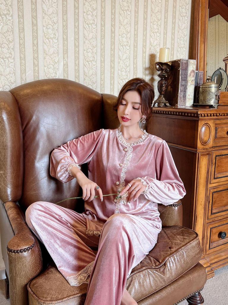 Gold Velvet Lace Long Sleeve Pajama Set - Women’s Sexy & Breathable Autumn Homewear