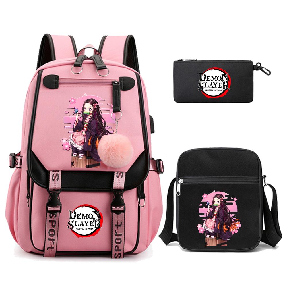 3Pcs/set Cartoon Demon Slayer Printed Backpack with Shoulder Bag for Teenager Student Girl Boy Bookbag Large Capacity Travel Bag