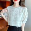 Solid Puff Sleeve Ruffled Lace Shirt Woman Round Neck Elegant Chiffon Blouse Women Slim Fit Sweet Casual Blouses Lady Tops 24191