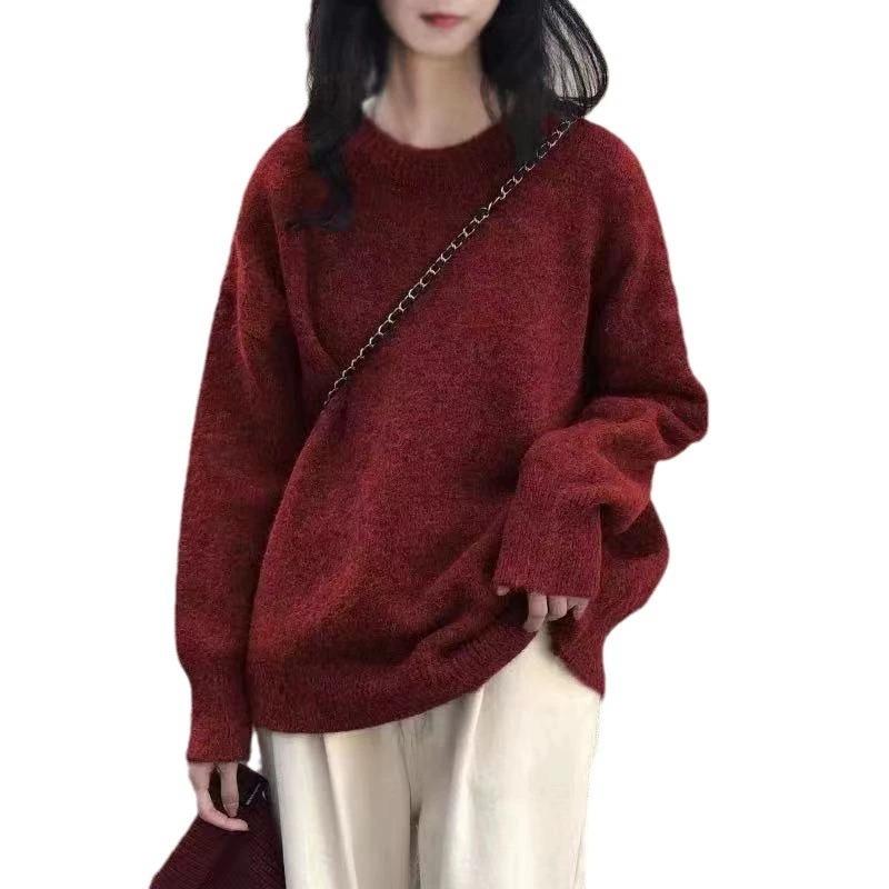 Crew neck solid color sweater women's autumn and winter new loose pullover knitted sweater women
