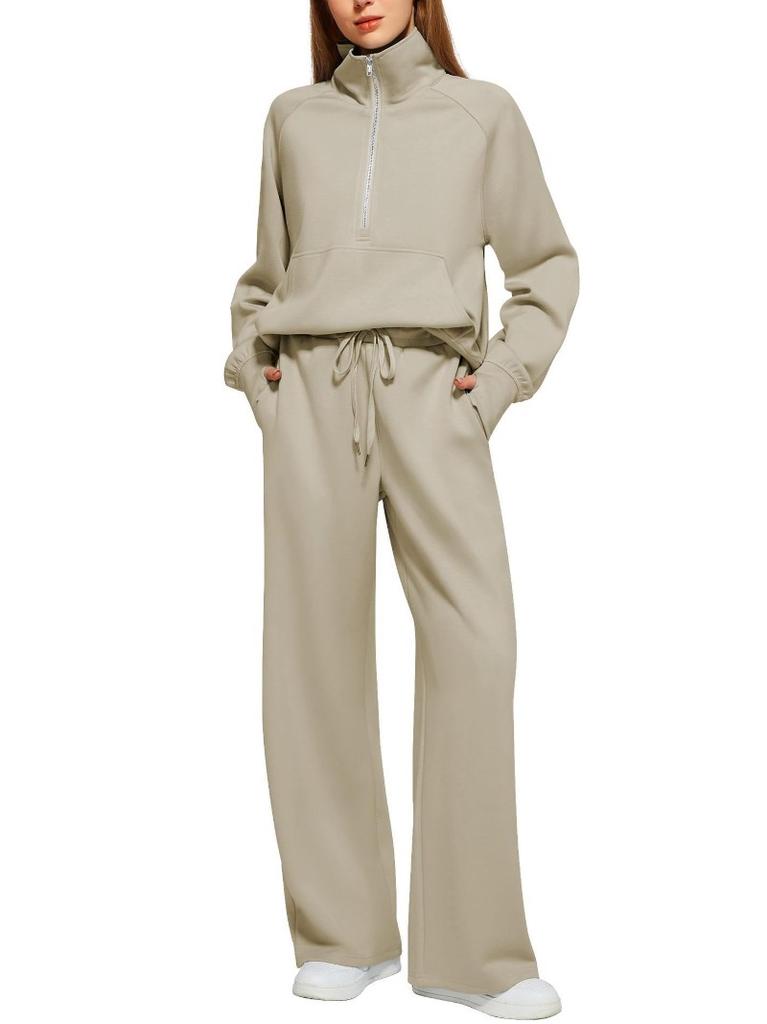 Damen Zweiteiler Oversized Halbreißverschluss Sweatshirt und Weite Hose Lässiges Set