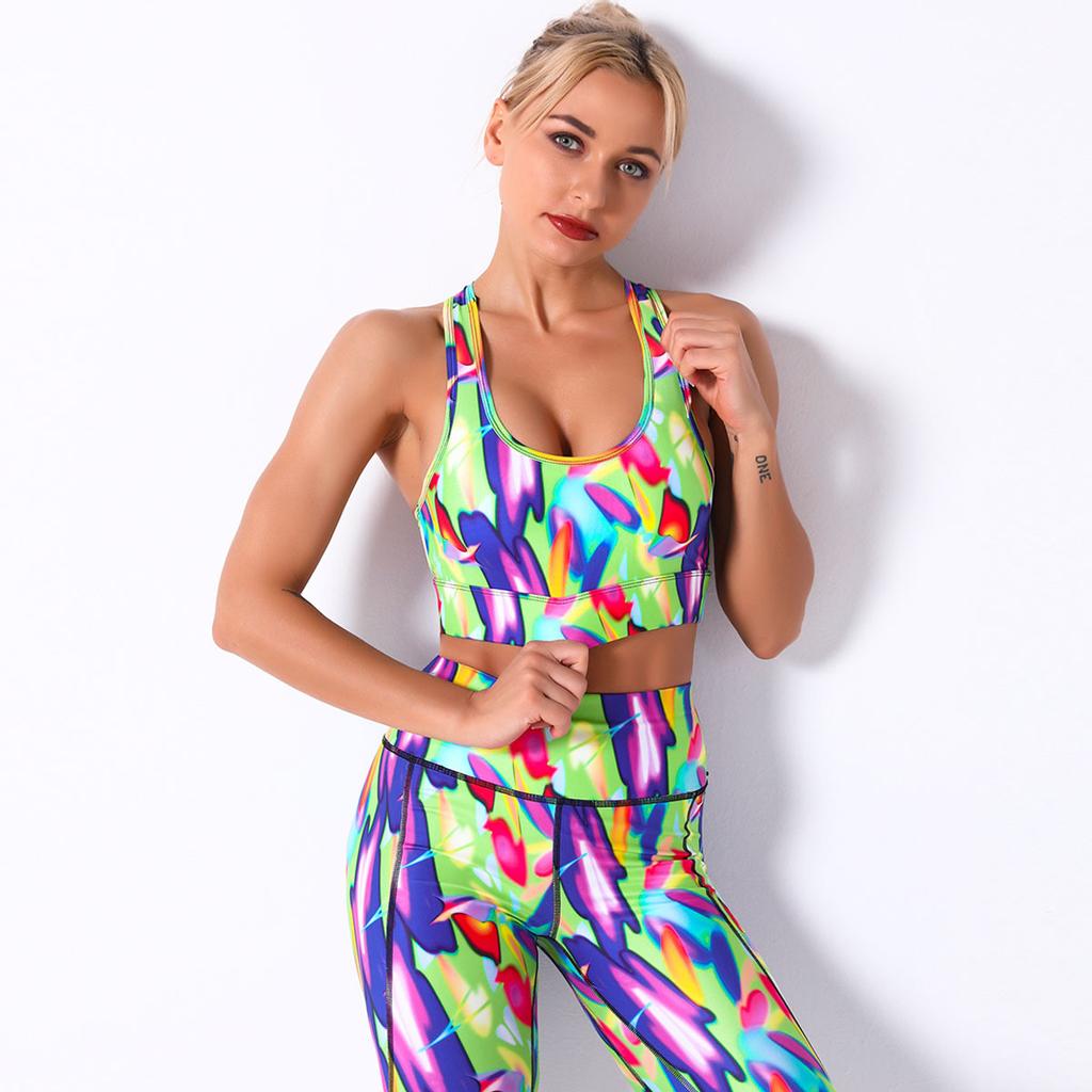 Digital Printed Color Floral Stripe Breathable Yoga Bra Women's Sports Running Fitness Wear