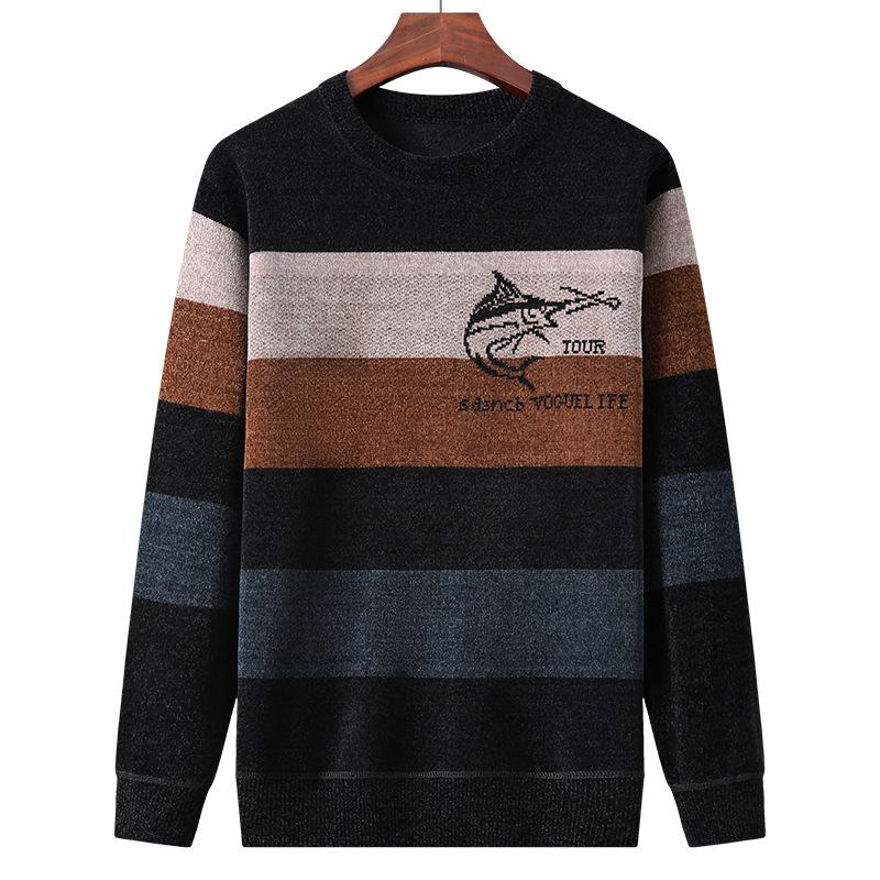 Chenille Sweater Men's Padded Thickened Striped Warm Bottoming Shirt Tide of Young Round Neck Knitwear Plus Size