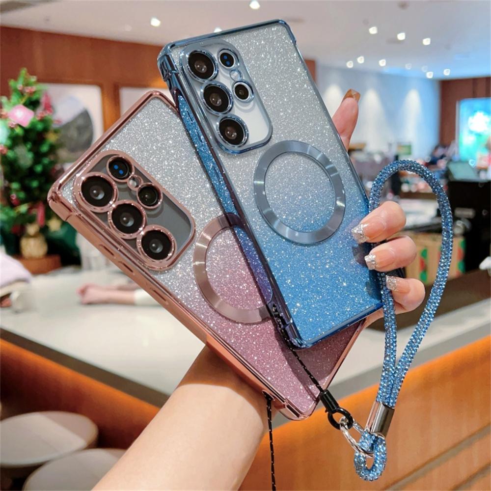 Dla Samsung Galaxy S25 Ultra Magnetyczne Etui Galwanizowane Gradientowe Błyszczące Pokrowiec na Telefon ze Smyczą