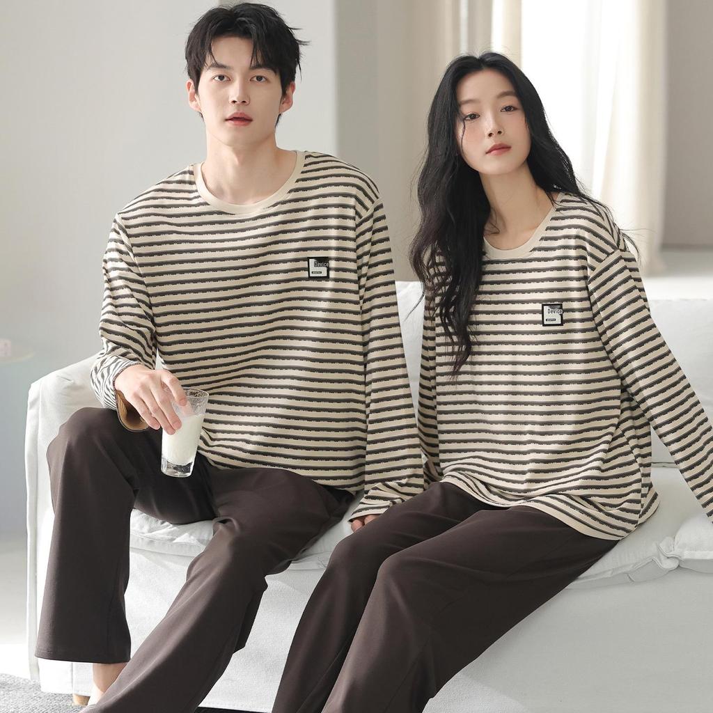 2025 New Couple's Pure Cotton Striped Pajama Set - Long Sleeve for Spring and Autumn