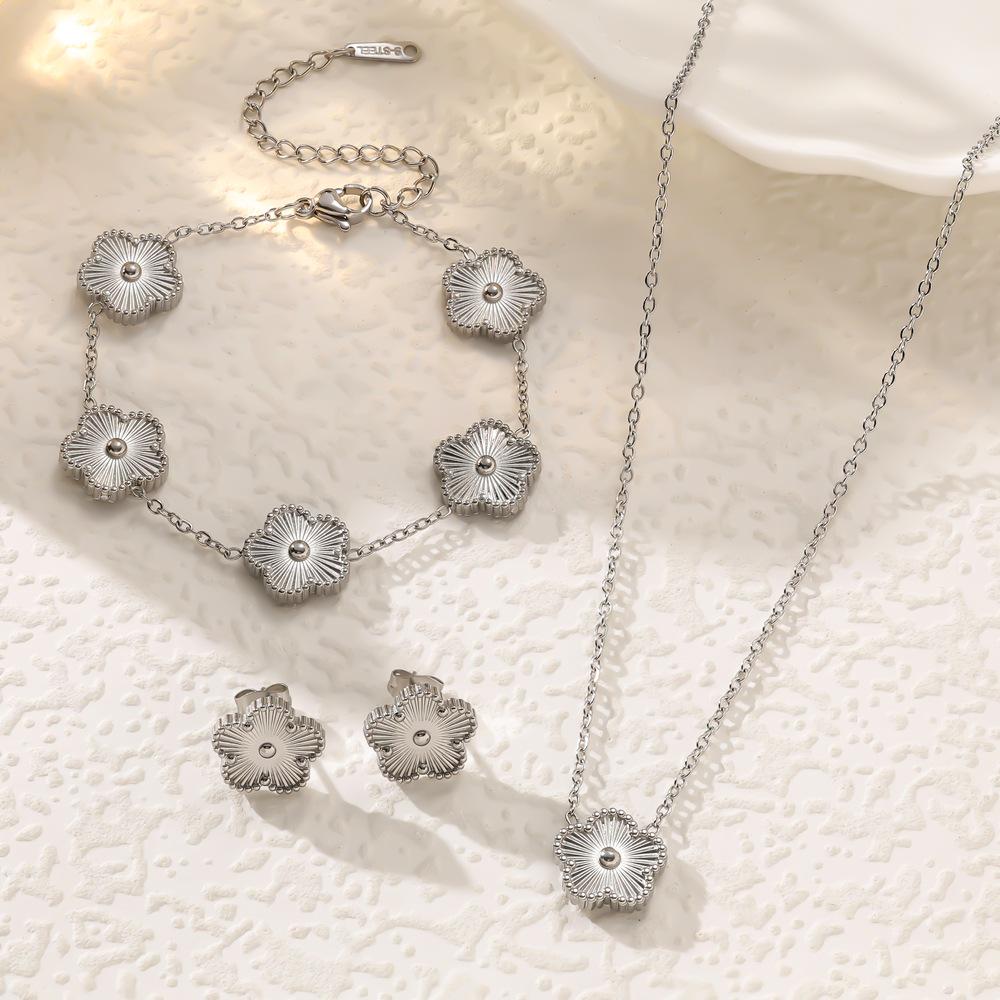Stainless Steel Five-Leaf Flower Jewelry Set: Bracelet, Necklace, Earrings for Women