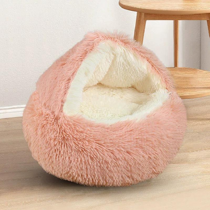 Winter Thermal Shell Cat Bed Soft Plush Shell-Shaped Semi-Enclosed Sleeping Nest for Small Dogs Kitten Pet Bed Comfortable Warm