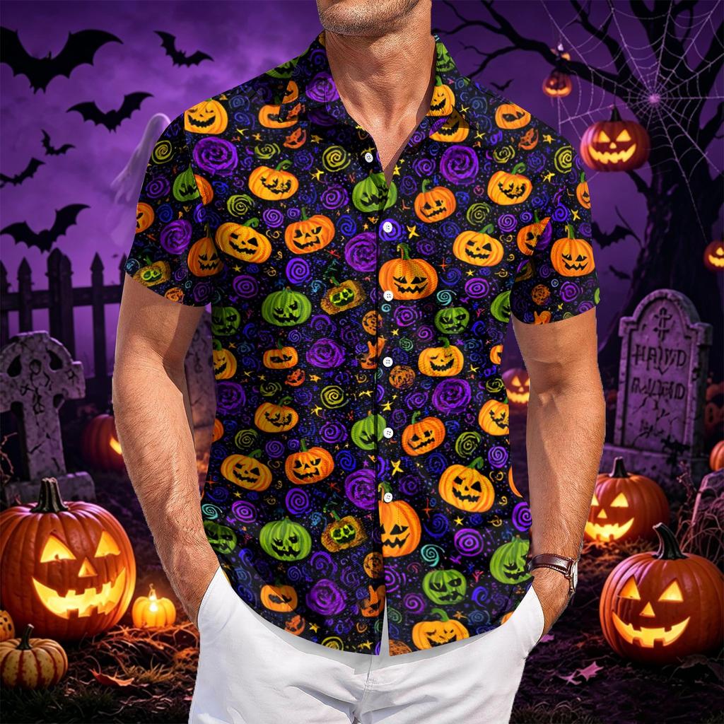 Men's Casual Short Sleeve Shirt Button Down Lightweight Breathable Fabric Halloween Bat Print Shirt for Summer Beach Party