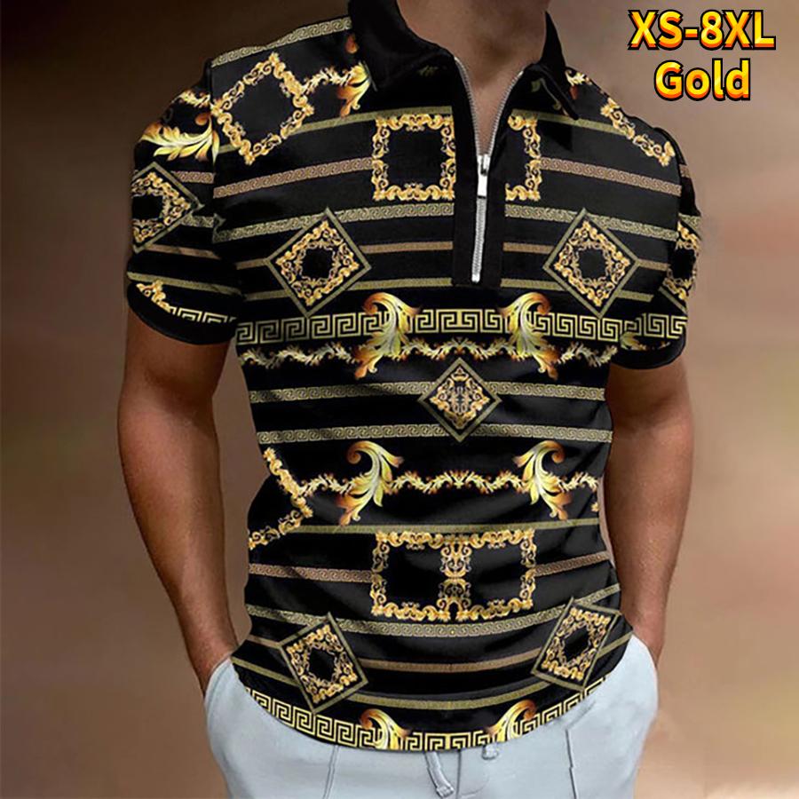 Casual Lapel T-shirt Young Men's Fashion Zipper T-shirt Short Sleeve T-shirt Men's 3D Black and Red Stripes Print T Shirt