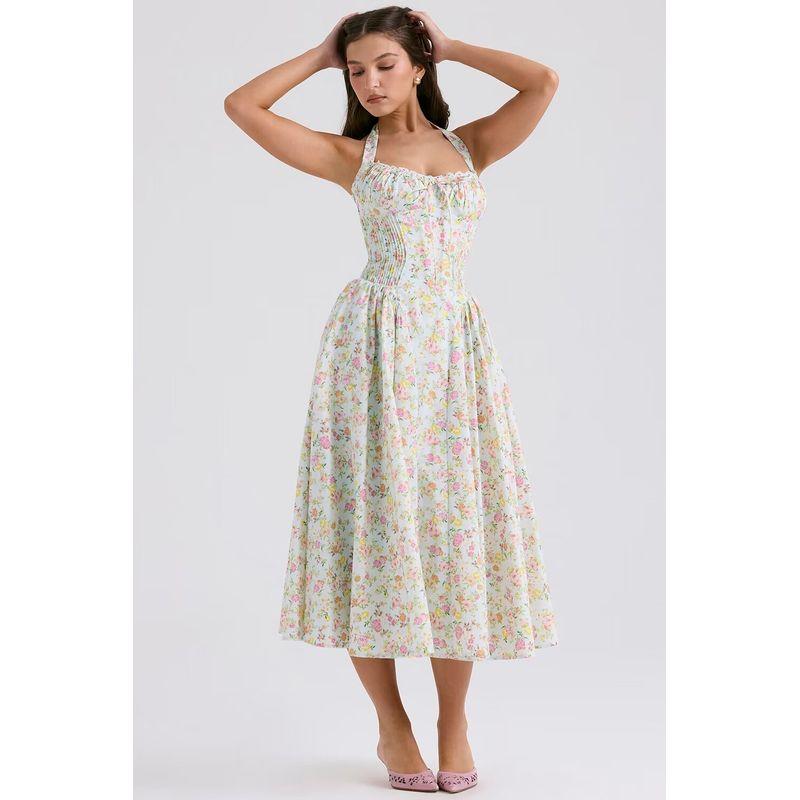 First Date Sense Floral Tight Waist Vacation Seaside Suspender Skirt