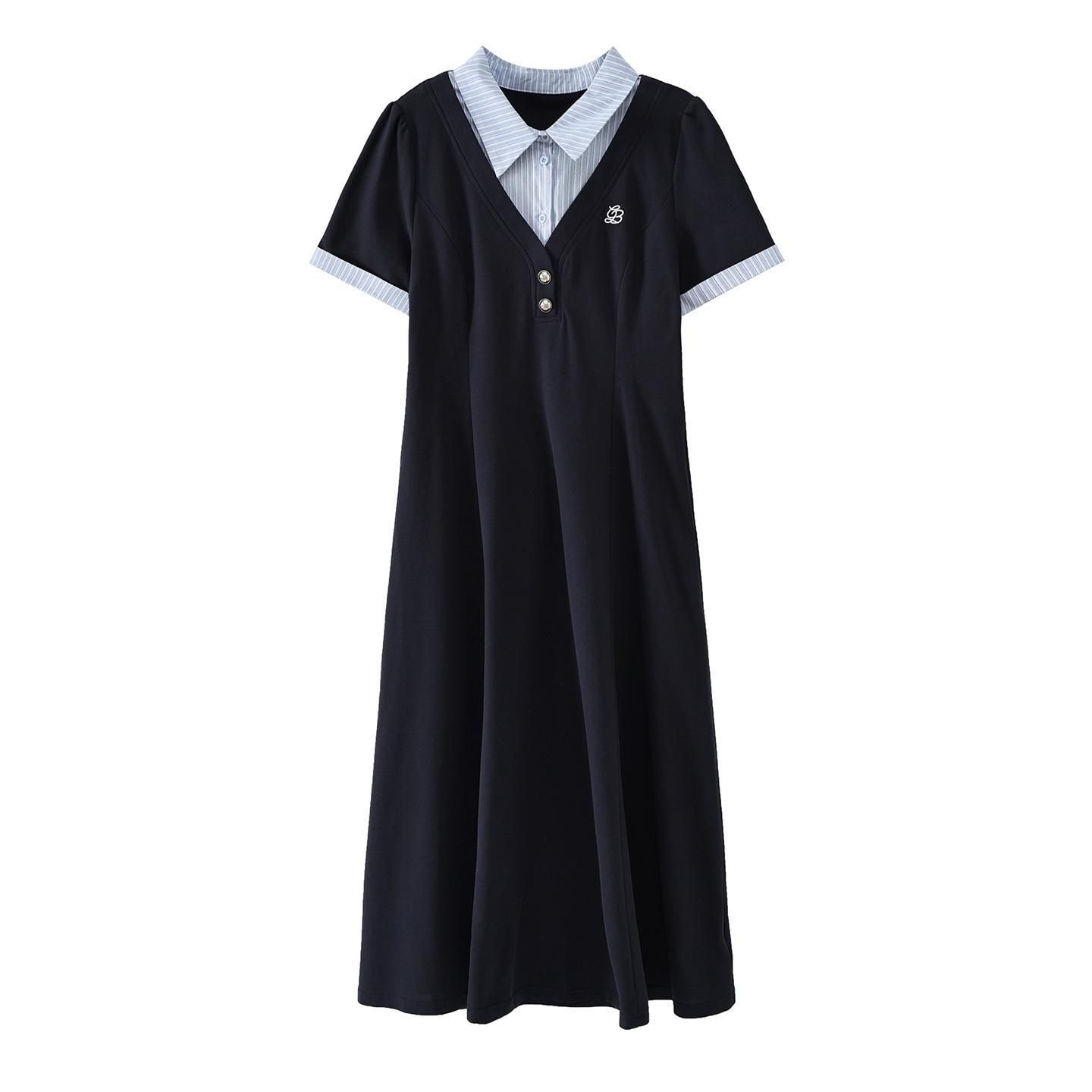 2026 Summer Women s Artistic College Style Cinched Waist Patchwork Dress 5XL (100-120 kg) темно-синий