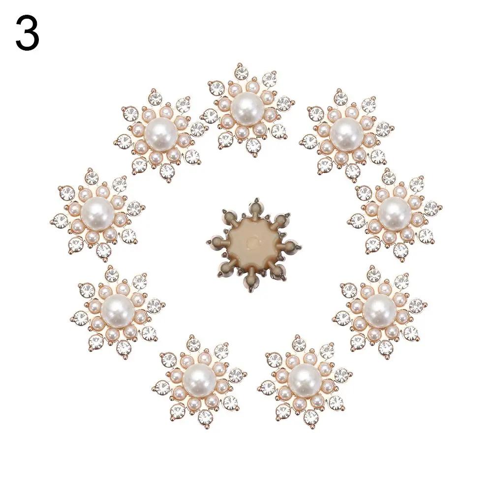 10PCS Pearl Flower Rhinestone Buttons Sparkling Crystal Hairpins Decorative Buttons for Clothes DIY Apparel Sewing Accessories