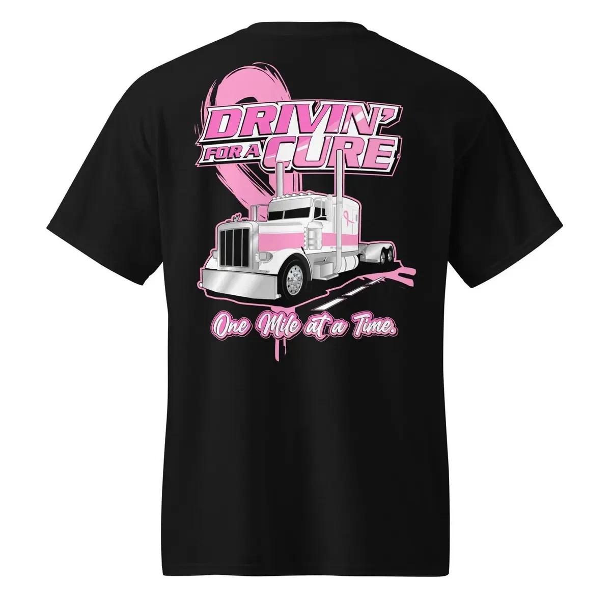 Drivin For A Cure Trucker T-Shirt Pink Ribbon Semi Truck Tee S