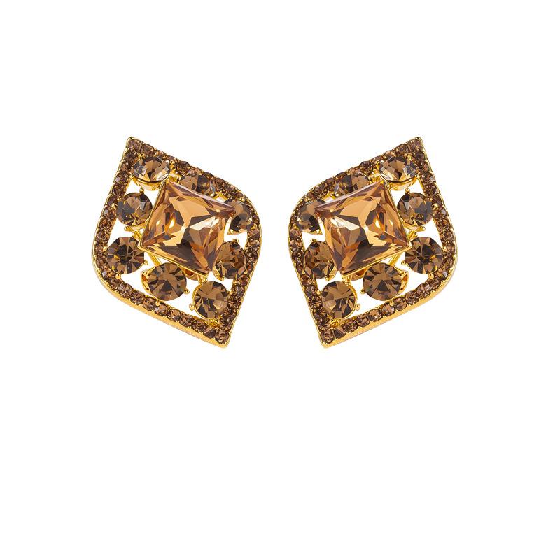 Silver Needle Coffee Crystal Exaggerated Rhombus Big Stud Earrings Light Luxury Temperament Niche Design Foreign High-end Earrings