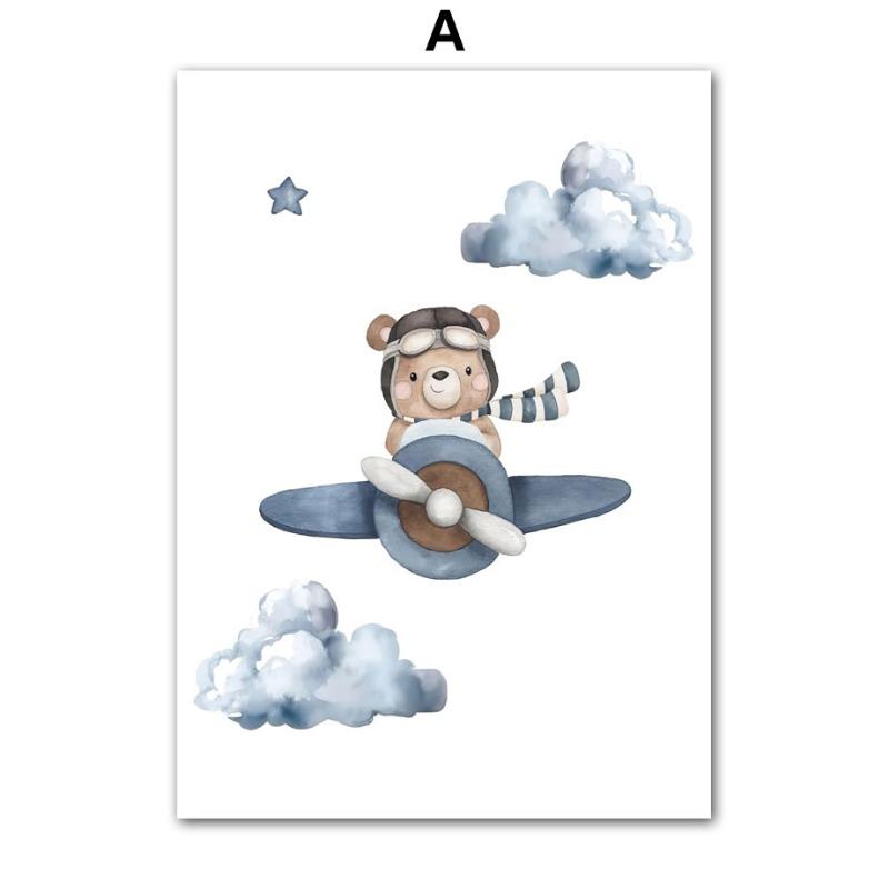 Boho Bear Aircraft Hot Air Balloon Cloud Nursery Posters Wall Art Print Canvas Painting Baby Kids Room Home Decoration Picture