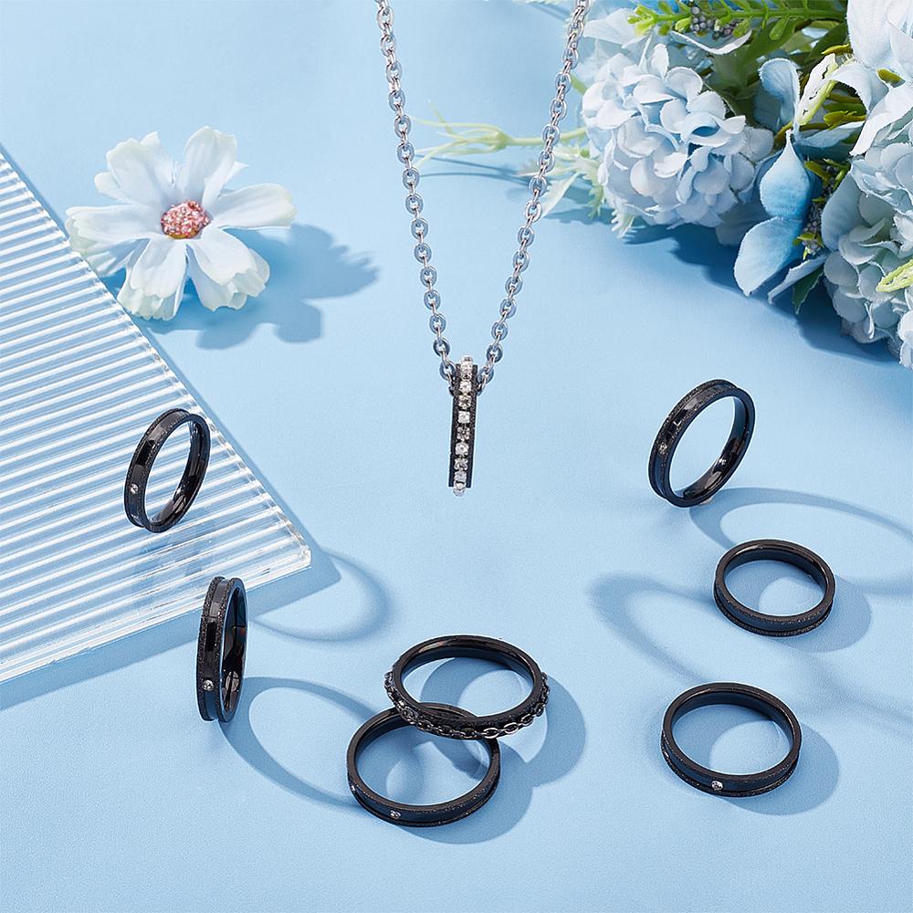 14Pcs 7 Size Crystal Rhinestone Grooved Finger Ring Textured 201 Stainless Steel Jewelry for Men Women Electrophoresis Black