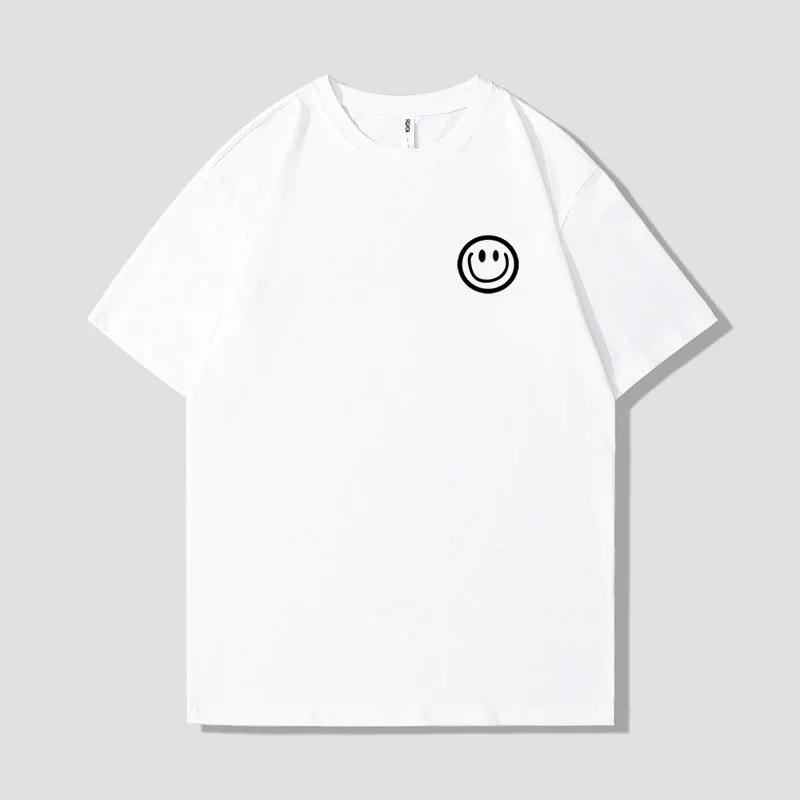 Wzór Uśmiechniętej Twarzy Nadrukowany Letni Modny T-shirt Retro Bawełniany Luźny Nadruk Okrągły Dekolt Oddychający Wysokiej jakości T-shirt dla Pary