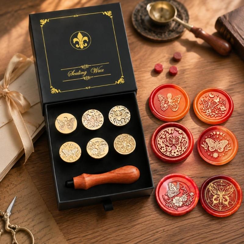 Decorative Wax Seal Stamp with Metal Components and 6 Round Design Disks for Gift Wrapping, Journaling, and Scrapbooks