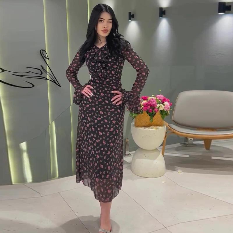 2024 Autumn Women's Elegant Print Dress with Round Neck and Flared Sleeves