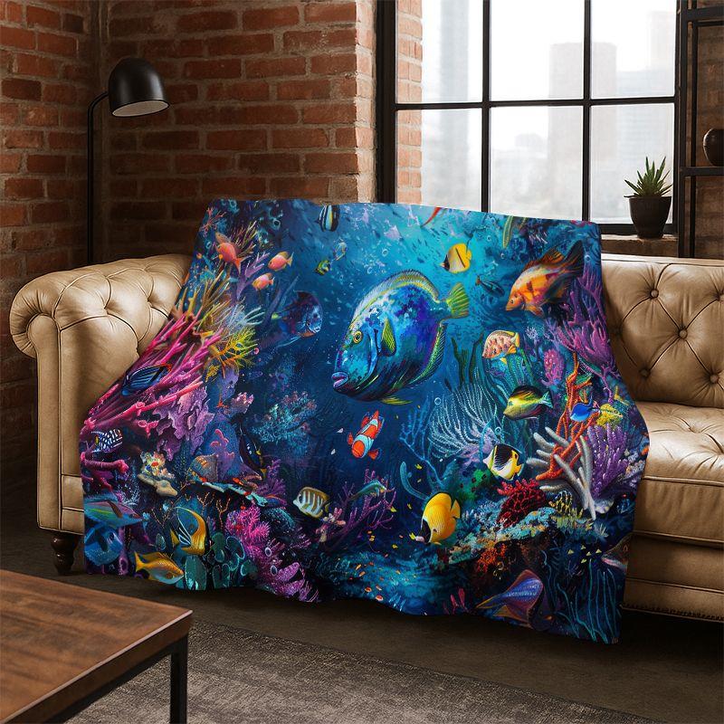Underwater Sea World Marine Life Cartoon Flannel Blanket Soft Throw Blanket for Bedroom Living Room Bed Travel Camping Picnic