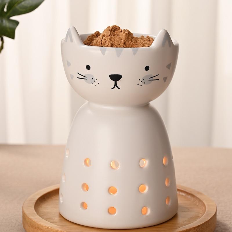 Cute Cat Ceramic Essential Oil Burner - Aromatherapy Wax Melt Warmer Tealight Holder for Home Fragrance & Decor