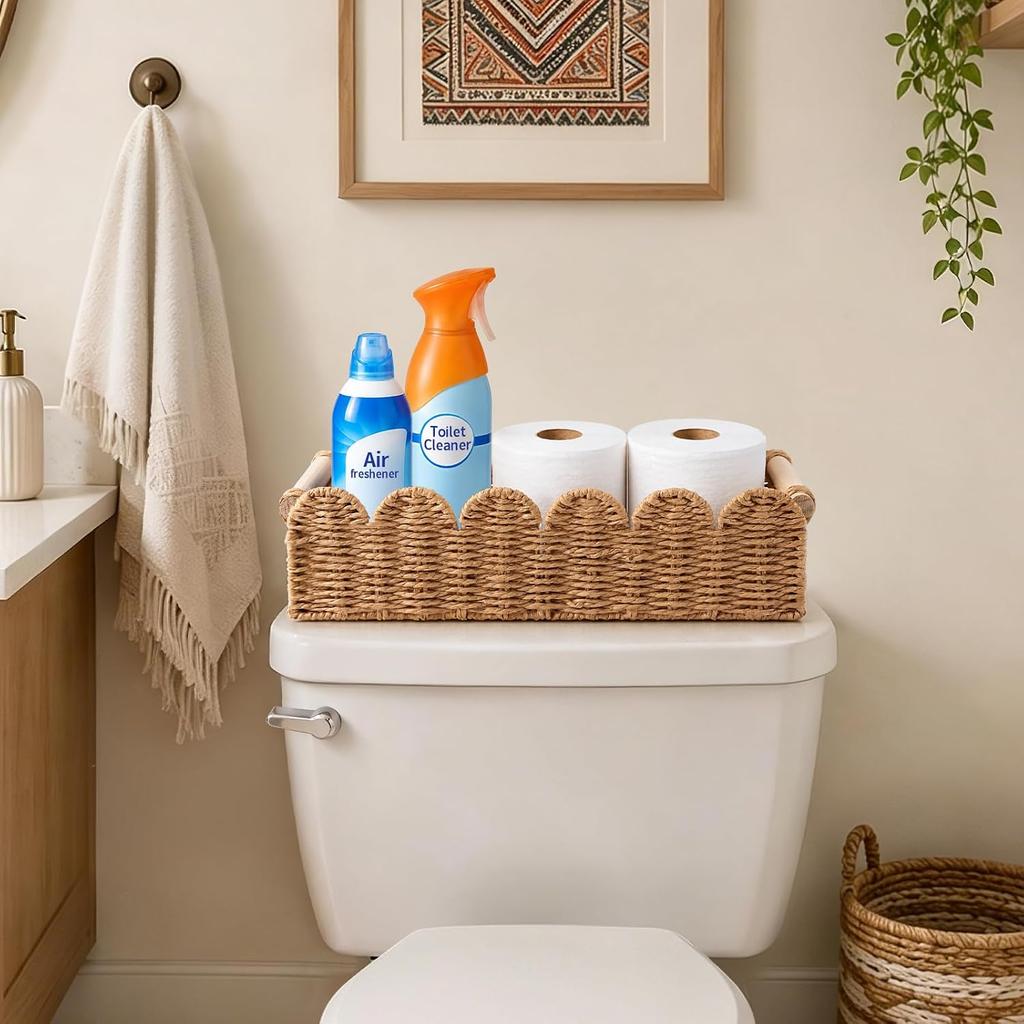 Farmhouse Wicker Basket for Toilet Tank Top - Boho Bathroom Organizer with Solid Wood Handles Neutral Decorative Storage Basket for Living Room Bed