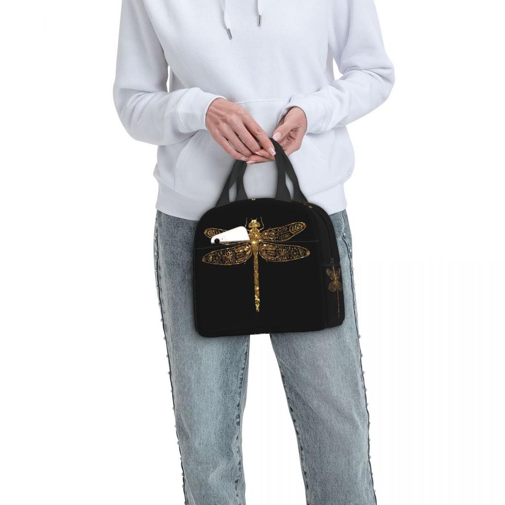 Fancy Gold Glitter Dragonfly Insulated Lunch Bag for Women Kids Leakproof Food Boxes Thermal Lunch Box Tote