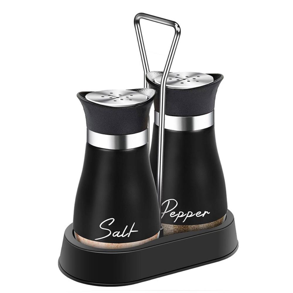 2Pcs/Set Salt & Pepper Kitchen Glass Spice Bottle Refillable Black Condiment Jar with Pour Holes with Rack Spice Dispenser