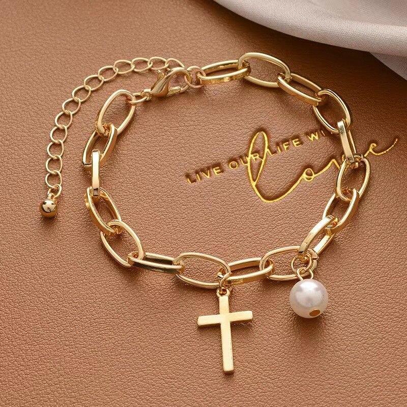1pcs Gold-color Bracelet Ladies Simple Style Thick Cross Chain With Love Human Head Cross Pearl Pendant