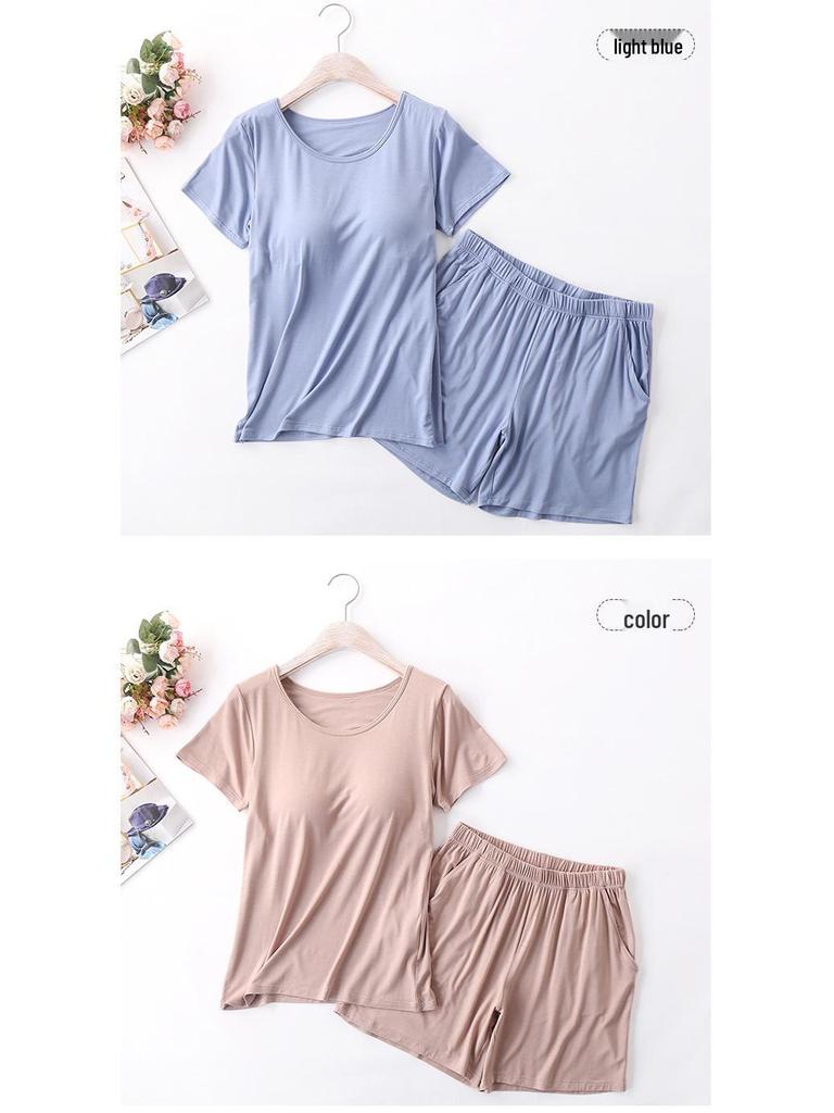 Women's Modal Chest Pad Short Sleeve Pajama Set - Summer Five-Point Shorts