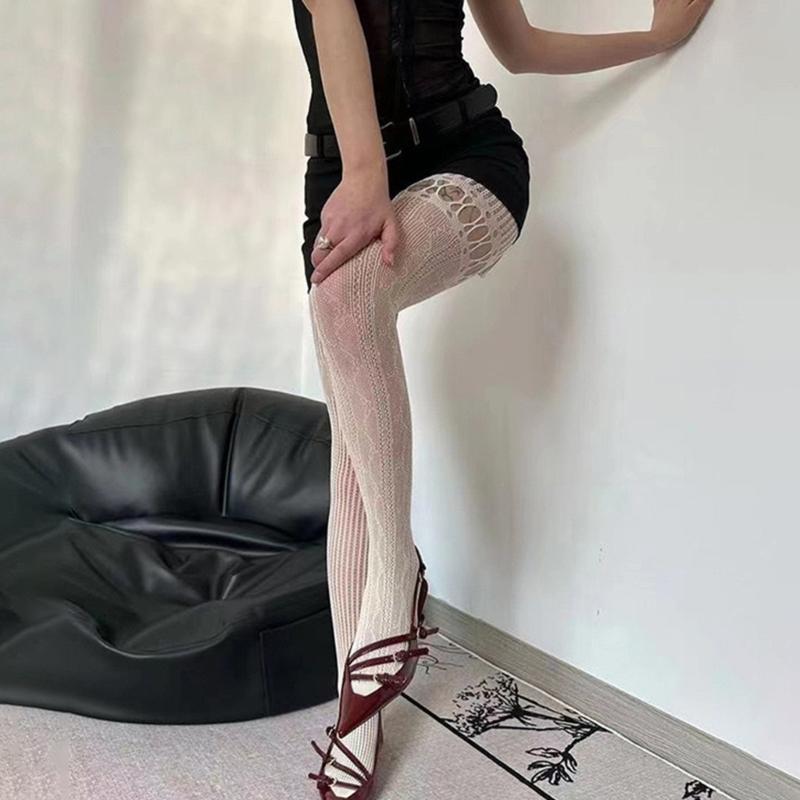 Women's Aesthetic Irregular Fishnet Tights Hollowed Mesh Stockings Heart Striped Patterned Lace Sheer Pantyhose Lingerie