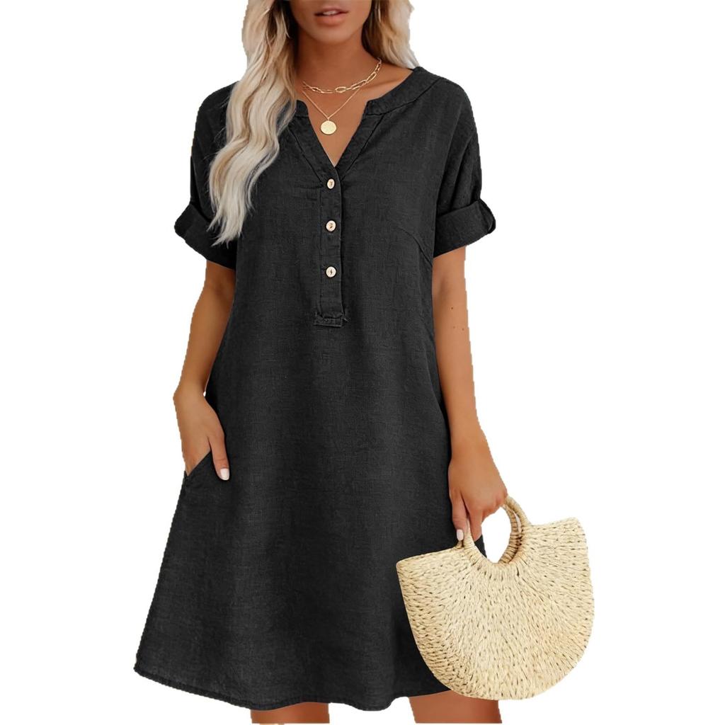 Summer European and American new fashion casual short-sleeved dress V-neck button pocket solid color shirt dress