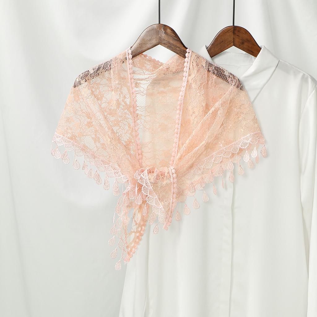 Women Lace Triangle Scarf With Tassel Embroidered Solid Color Shawls Veil Fashion Lightweight Prayer Hijab 160*50Cm