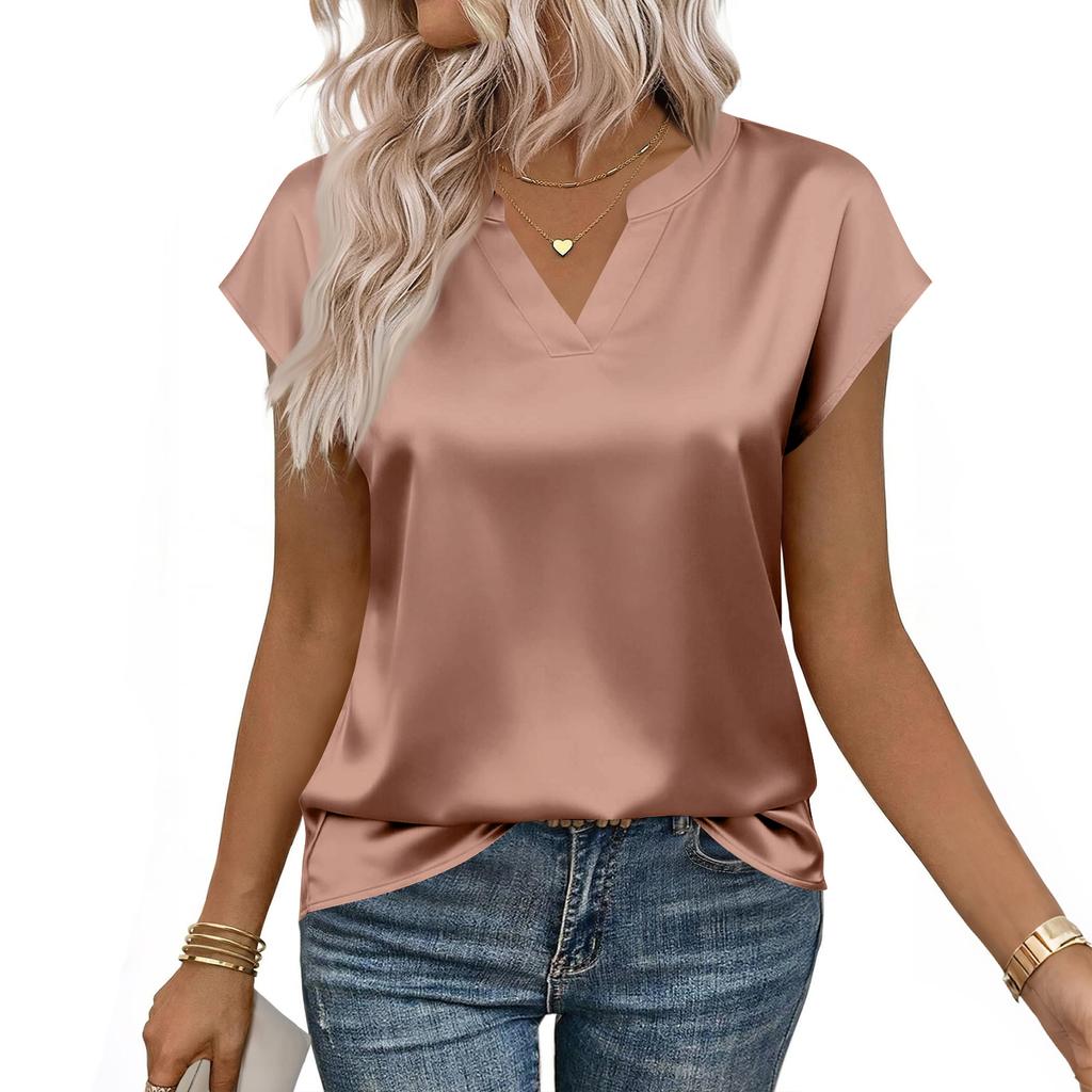 Damesblouse van satijn: Zomershirt met V-hals, losvallende casual top