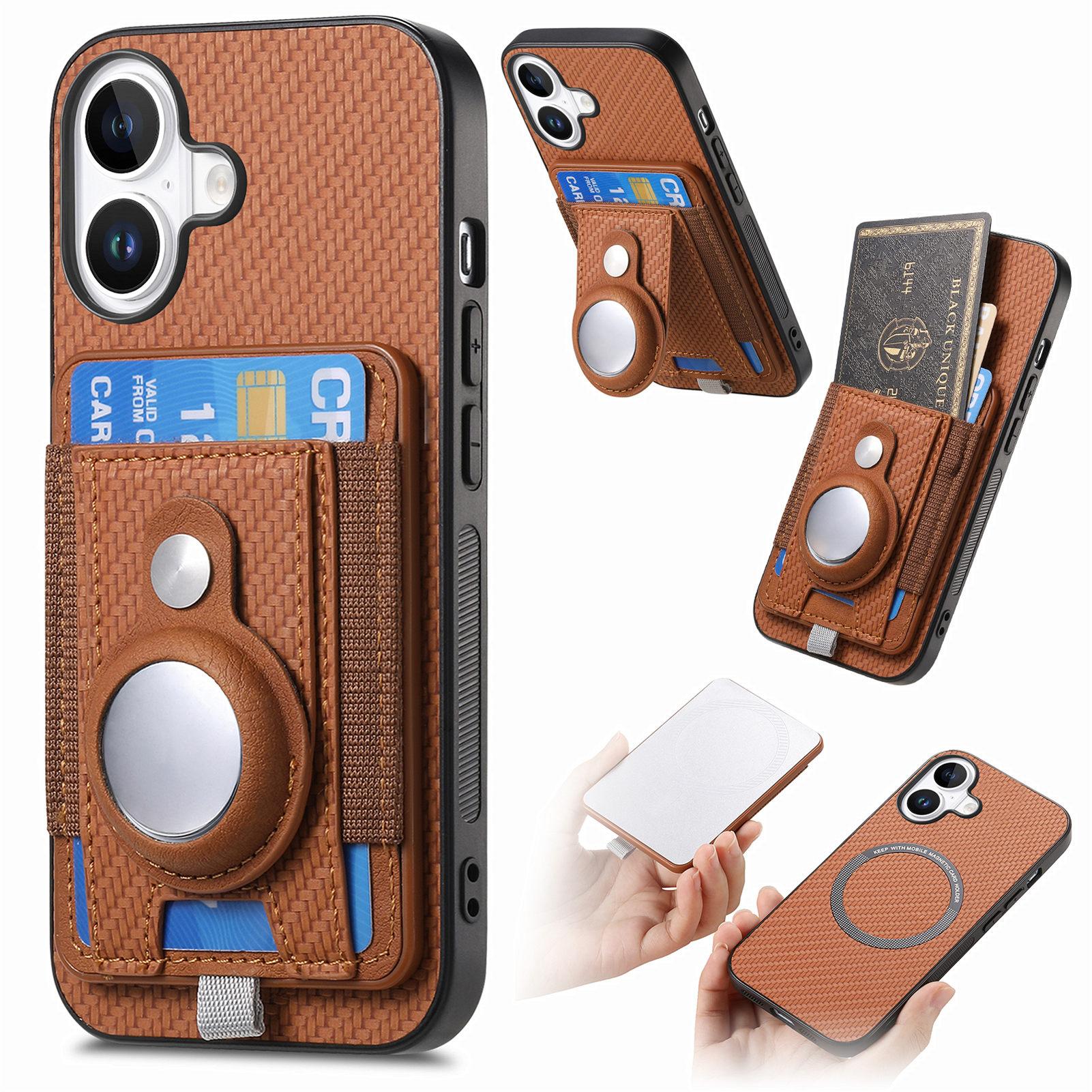 

Holder for AirTag/iPhone 16 Case Detachable Card Holder Leather+TPU+PC Phone Cover Brown