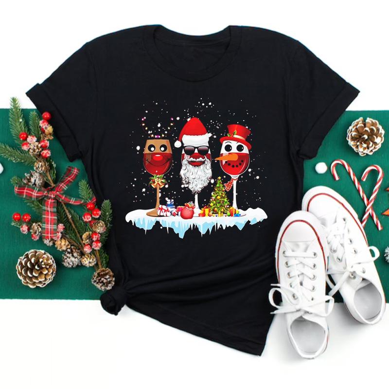 Polyester  100% New Christmas Happy Christmas Tree Santa Claus Casual and Fashionable Round-neck Short-sleeved Women's Base Tops