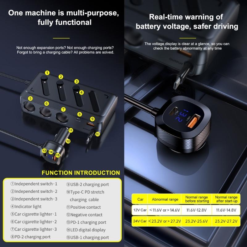 Strong ABS Construction 3 Socket Car Chargers Adapter 187W Featuring PD45W 3.0 Fast Charging and Independent Switches