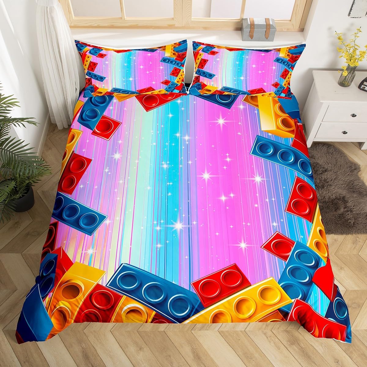 

Постільна білизна З днем ​​народження з 3D-блоками, підодіяльником Single Queen , барвистим будівельним матеріалом, з 2 наволочками EU Single(135x200cm)